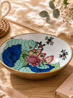 Vintage Chinese Brass Encased Porcelain Bowl Catchall Tobacco Leaf Pattern 6”